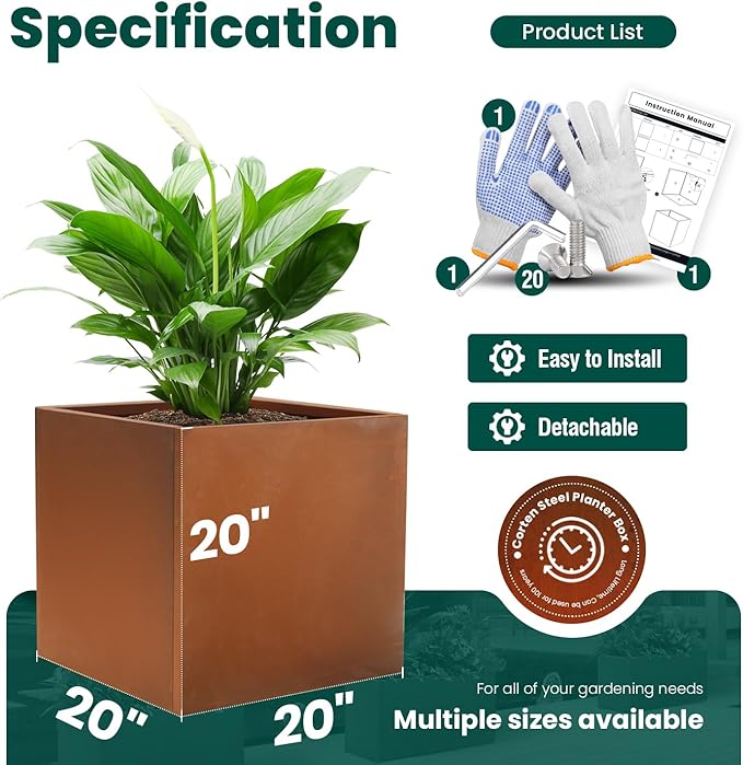 GZGNEEVL Corten Steel Planter Box Outdoor Planter Metal Square Large Steel Flower Pot Rustic Cube Patina Tall Plant 20 Inch Durable Antique for Commercial Residential Patio Deck Yard Garden