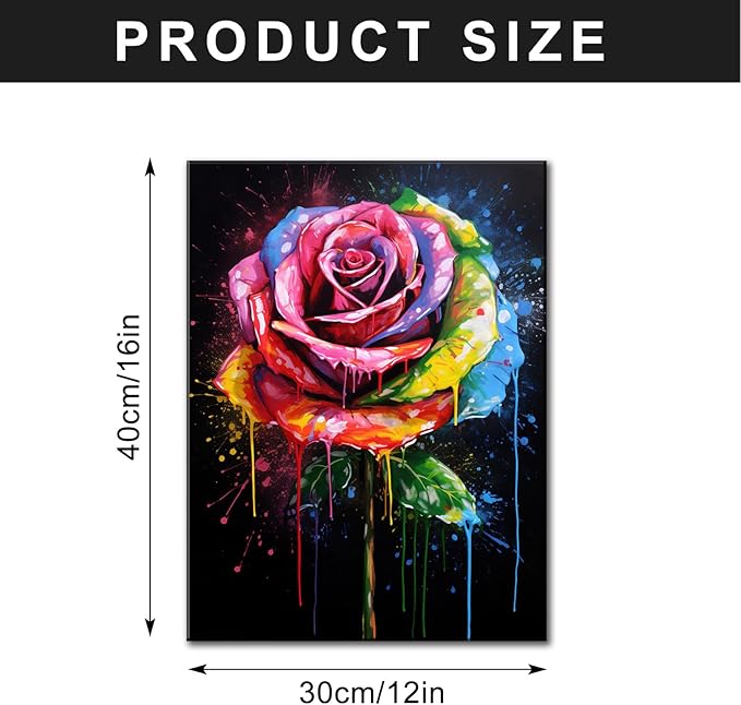 FUNHUA Abstract Rose Flowers Wall Art Colorful Rose Graffiti Canvas Painting Rainbow Flower Bloom Closeup Picture Framed Artwork for Living Room Bathroom Bedroom Home Decorations 12x16inches