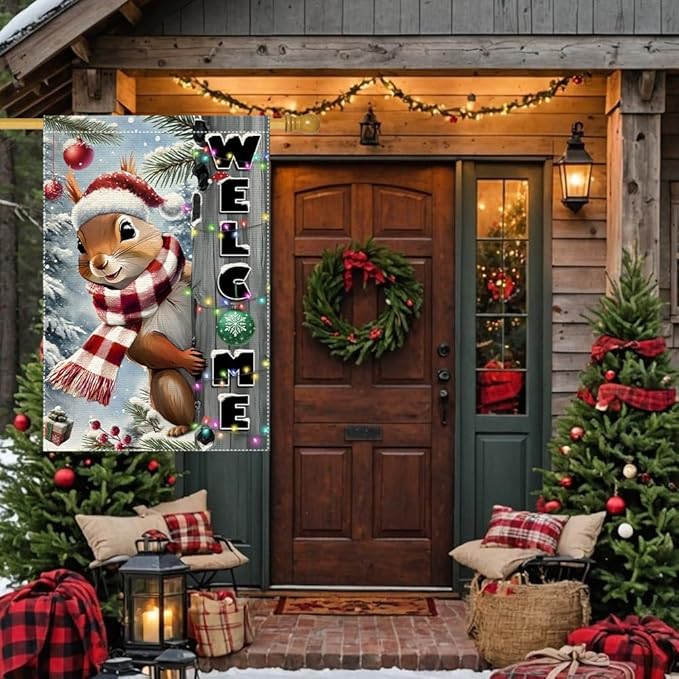 Christmas Garden Flag 28x40 inch The Nut Squirrel Welcome XMAS winter Garden Flags Yard Porch House Flag Double-Side For Home Outdoor Yard Patio Lawn Decor,Happy New Year merry Christmas banners for outside Decorations (RMQ-85, 28"X40")