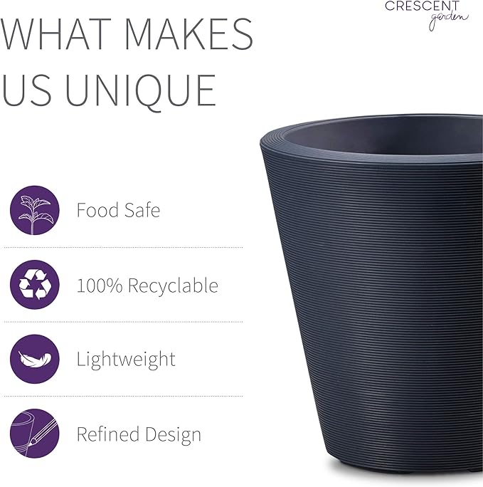 Crescent Garden Madison Planter– Weather-Resistant, Double Walled Indoor/Outdoor Plant Pot with Drain Hole – Durable All-Season Flower Container, 14" W (Midnight Blue)