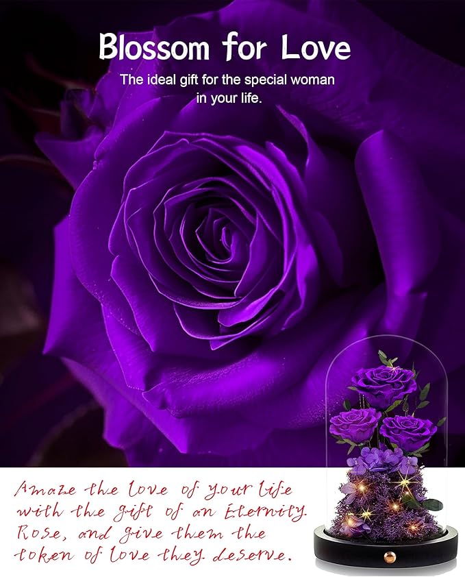 DENIMOMO Flowers Roses Gifts for Women Her,Forever Preserved Rose in Glass Dome, Valentines Anniversary Birthday Real Roses Gifts for Wife Women Girlfriend Best Friend/Purple