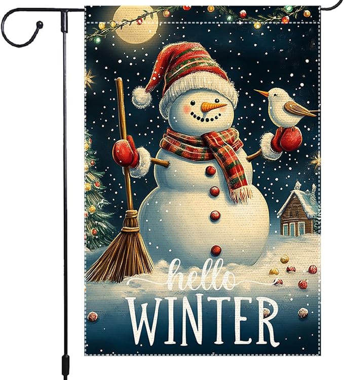 Hello Winter Garden Flag 12x18 Inch Double Sided Burlap Snowman Outdoor Yard Flag Holiday Christmas House Flag Seasonal Winter Welcome Banner Small Cute Lawn Porch Decoration