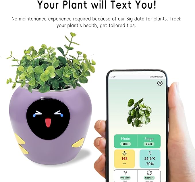 Odpaltoy Smart Plant Pot with Expression, AI Intelligent Flower Pot for Indoor Decoration, Smart Garden Pot with Water/Light/Temperature Sensors, Ivy AI Planter (Purple（Big）)