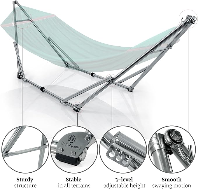 Tranquillo Adjustable Collapsible Hammock with Stand – Picnic Hammock Stand and 2 Layered Polyester Hammock Net for 2 Persons with Carry Bag, Peacock