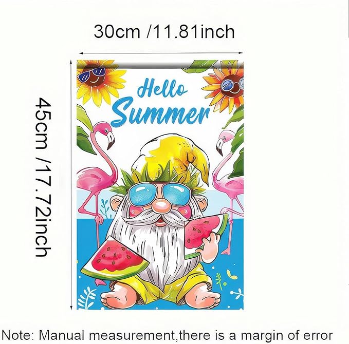 Hello Summer Gnomes Garden Flag Watermelon Flamingos 12x18 Double Sided Hawaii Tropical Beach Holiday Ocean Sea Yard Small Banner for Seasonal Outdoor Party Decoration