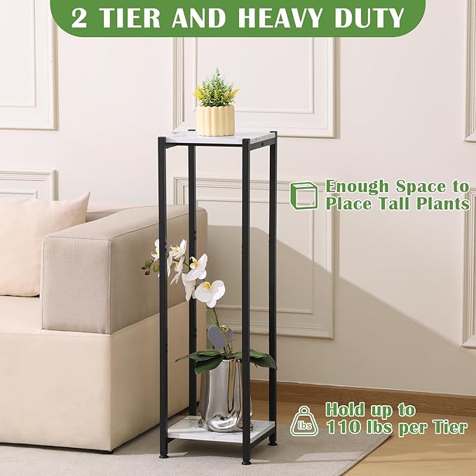 Dipion Extra Tall Plant Stand Indoor,40 Inch Plant Stands,2 Tier Metal Plant Stand with Heavy Duty Wood,Marble White and Black