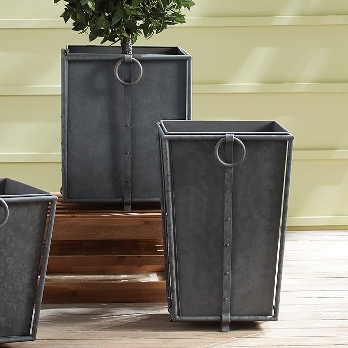 MY SWANKY HOME Large Minimalist Classic Metal Box Planters Liners Square Industrial Rivets Gray