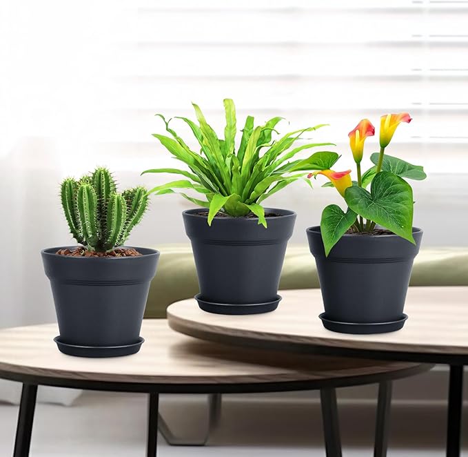 Meowell 6 inch Nursery Pots, 16 Pack Plastic Plant Pots for Indoor Outdoor Plants, Flower Pots with Drainage Holes and Saucers, Decorative Seedling Starter Planters for House Plants, Black