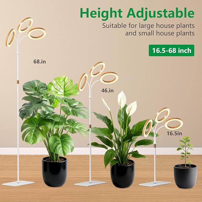 SDOVUERC Full Spectrum Grow Light with Stand for Indoor Plants, Floor Plant Light, 6/12/18H Timer, 3 Color Modes, Adjustable Height 16.5–68in, for Large Plants & Home Décor(Tri-Head,Faux Wood Grain)