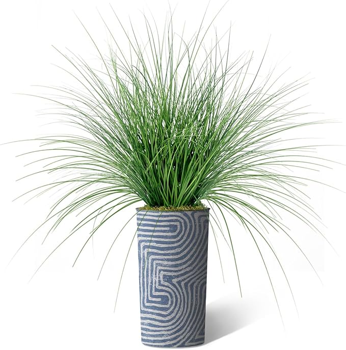 Artificial Tree in Contemporary Geometric Pattern Planter, Fake Onion Grass Silk Tree for Indoor and Outdoor Home Decoration - 55" Overall Tall (Plant Pot Plus Tree)