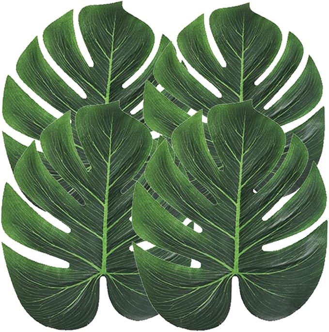 Artificial Palm Leaves, 50PCS Extra Large 14" Tropical Monstera Fake Leaves for Hawaiian Luau Jungle Safari Birthday WeddingTheme Party Table Wall Decorations,Bonus 3 Sheets/60pcs Dot Glues