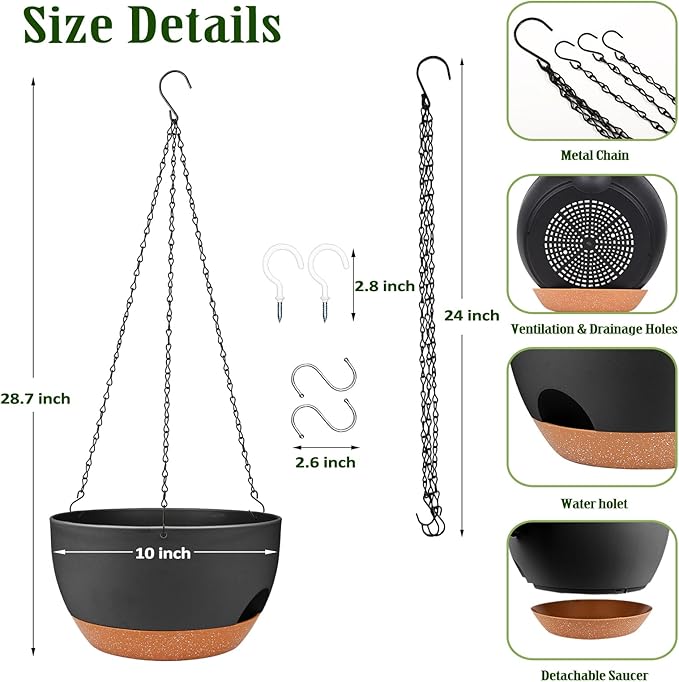Lucieblessdesign Hanging Planters for Outdoor Indoor Plants, 2 Pack 10 Inch Hanging Basket Plants Outdoor, Self Watering Hanging Planter with Plant Hanger for Garden Home Decoration (Black, 10 inch)