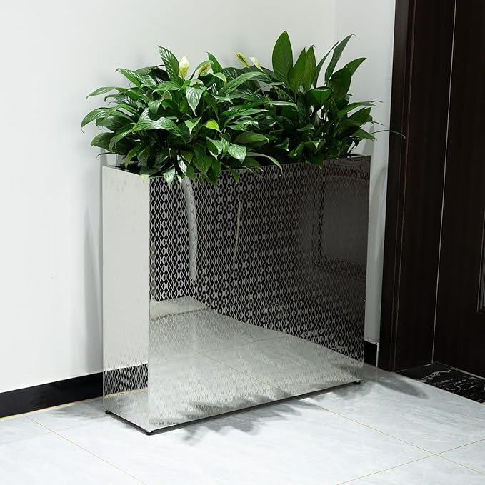 CYC Luxury Sliver 30"H x 34"W x 10"D Stainless Steel Rectangular Tall Large Planter Box with Mirror Etching No Coating for Indoor or Outdoor Patio/Porch, Modern Décor for Tall Plants, Trees, Flowers