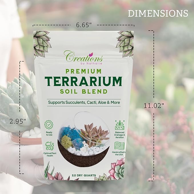 Creations by Nathalie Terrarium Soil Blend - Well Draining Potting Soil for Live Succulents, Cactus, Aloe - Terrarium Supplies, Natural Pine Bark, Peat, Coarse Sand - Indoor Planting Mix Bag
