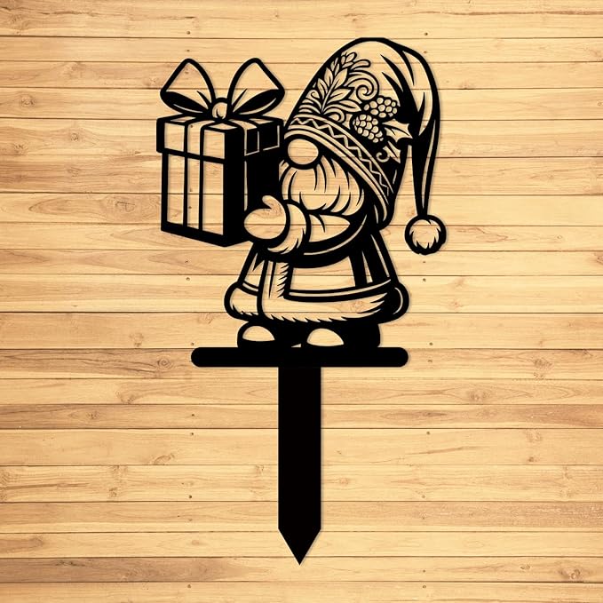 Magilab Personalized Iron Yard Stake - Christmas Cute Gnome Dwarves Decor, 8-Inch Black Metal Garden Sign for Outdoor (Style O)