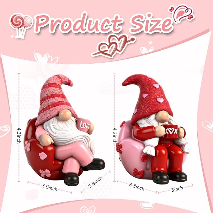 Valentines Day Gnome Decorations 2 PCS Resin Figurines Indoor Collectible Gifts for Him Cute Holiday Decor for Table Home