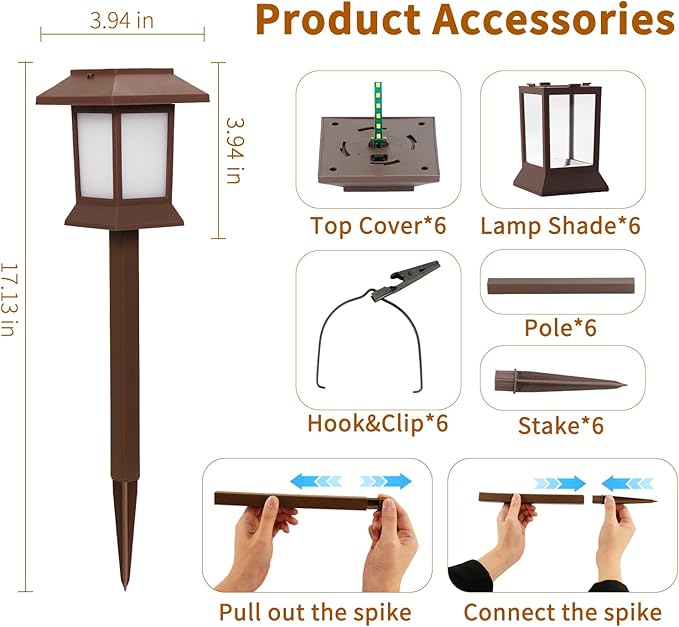Glosola 6Pack Solar Pathway Lights Outdoor with Flickering Flame, IP65 Waterproof, Solar Flame Lights with Hook, Upgraded 1000mAH Battery, Up to 12Hrs, Auto On/Off, Decor for Garden, Walkway
