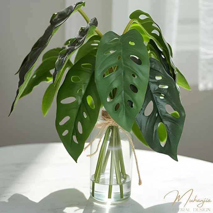 Muhanjia Artificial Flowers Turtle-Back, Alocasia Leaf, in Glass Vase with Faux Water,7Pcs Artificial Leaves Real Touch Latex Leaves for Centerpiece (2, Turtle-Back Leaf)