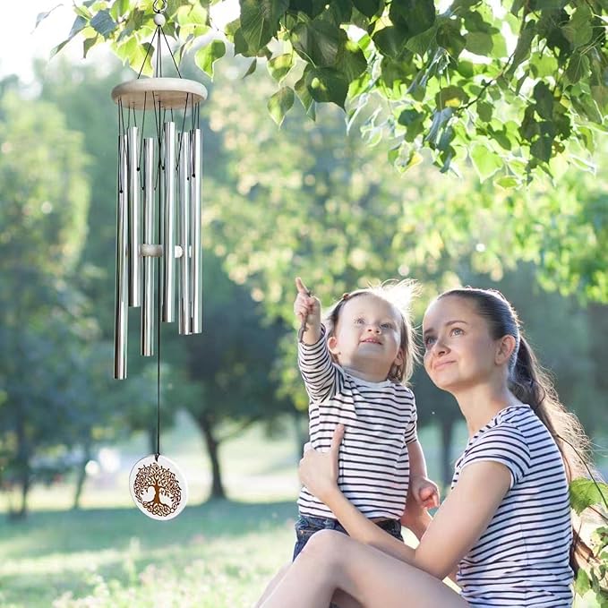 Aoedelyart Wind Chimes Outdoors,33" WindChimes for Loss of Loved One,Memorial/Sympathy Gifts for Mother/Unisex/Father,Tree of Life Wind Chimes for Outside Zen Garden Home Yard Decoration (Silver)