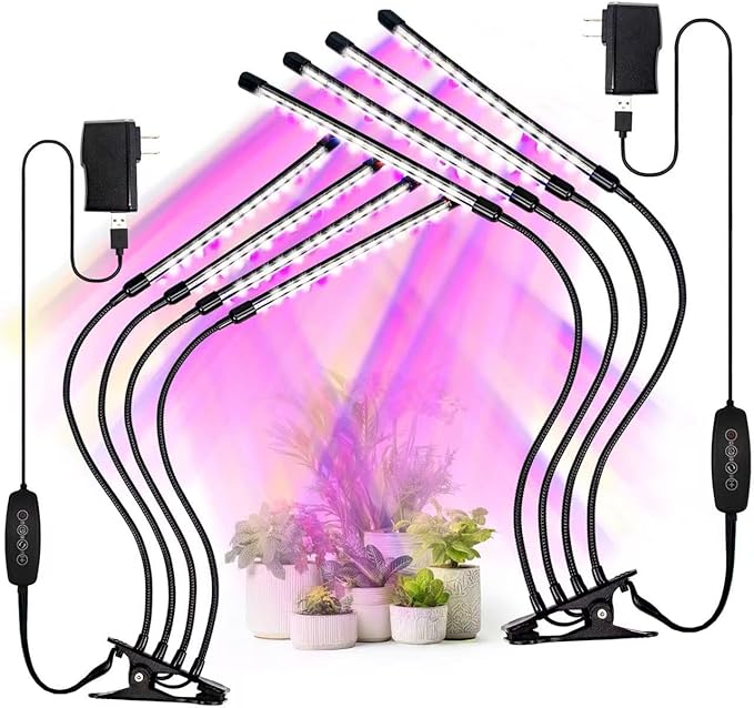 Grow Light for Indoor Plants -2 Packs Upgraded Version 80 LED Lamps with Full Spectrum & Red Blue Spectrum, 3/9/12H Timer, 10 Dimmable Level, Adjustable Gooseneck,3 Switch Modes (4 Heads 2Pack)