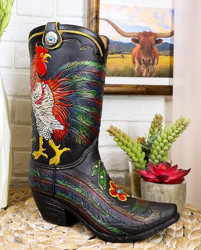 Ebros Gift Rustic Western Country White Breasted Rooster with Colorful Tail Feathers Faux Tooled Leather Cowgirl Or Cowboy Boot Decorative Flower Bouquet Vase Or Planter Figurine 10" H