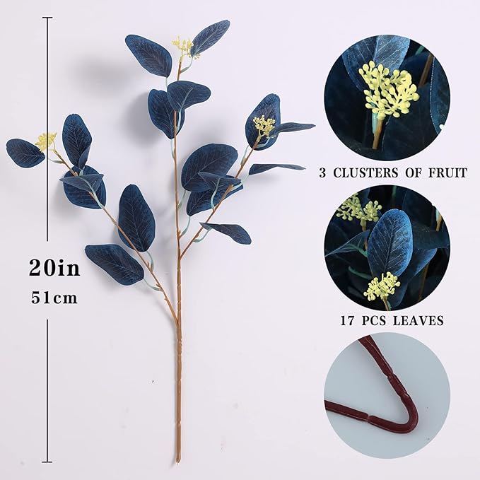 20" Silk Artificial Eucalyptus Stems, 12Pcs Fake Eucalyptus Stem with Leaves Berries, Greenery Plants Floral Decorations for Wedding Party Flower Arrangement Home Decor (Navy Blue)