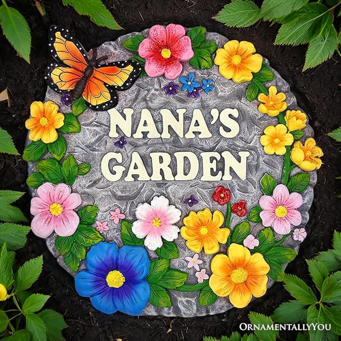OrnamentallyYou Elegant Resin Stepping Stone, Outdoor Garden Pathway Decoration (Nana’s Garden Floral Stepping Stone, 9.5" Decorative and Gift for Grandmother)
