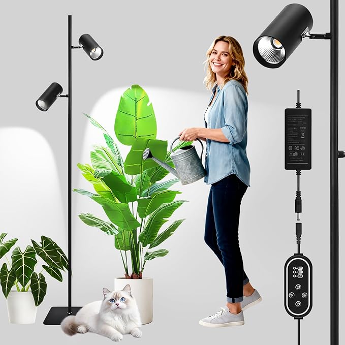 60W Dimmable Grow Light, Full Spectrum COB LED Dual-Head Floor Lamp with High PPFD&CRI, 6/8/12H Timer, Adjustable Height (37"-77") & Angle – Standing Grow Lights for Indoor Plants (6000K Daylight)