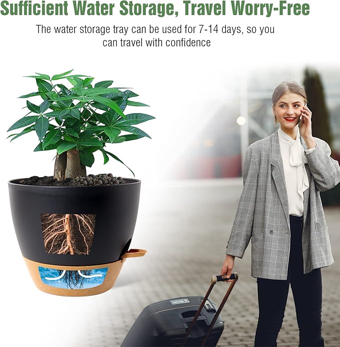 UOUZ 12inch 2Pack Large Self Watering Planters, Plastic Plant Pots with 60oZ Removable Deep Reservoir and Multi Mesh Drainage Holes for Indoor Outdoor Garden Plants and Flowers, Black with Brown