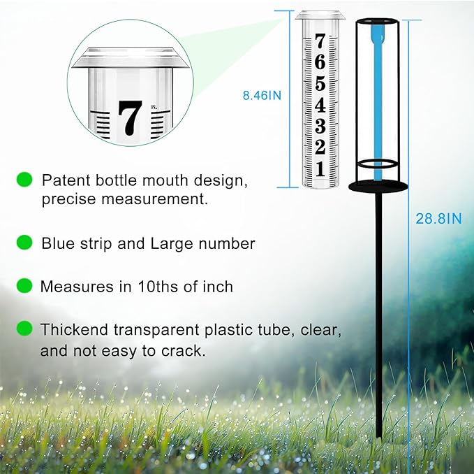 Rain Gauge Outdoor, Freeze Proof Rain Gauges Outdoors Best Rated, Upgraded Accurate Rain Measure Gauge for Yard, Thickened Plastic Rain Meter with Stake, Large Font Water Gauge, Adjustable Height