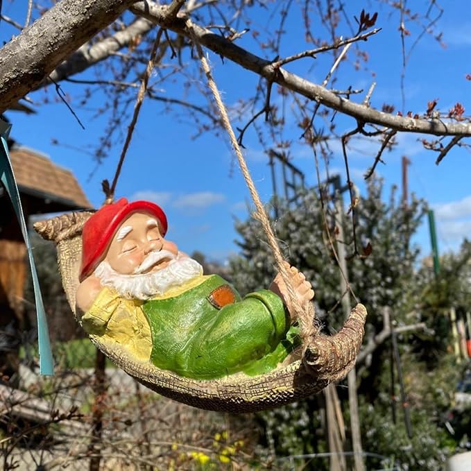 TERESA'S COLLECTIONS Green Garden Gnome Statues for Garden Decor, Resin Hanging Decorations for Outdoor, Tree Ornaments Figurines for Outside Gifts for Mom Women and Man