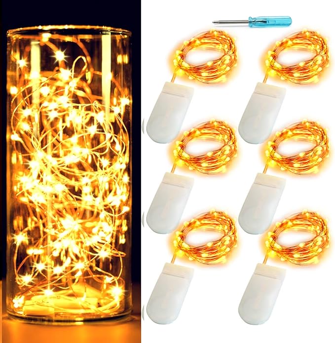 OakHaomie 6 Pack Fairy Lights Battery Operated No Remote LED Starry String Lights 30 Micro Starry LEDs on 10ft Copper Wire Light for DIY Wedding Centerpiece Table Decorations (Amber)