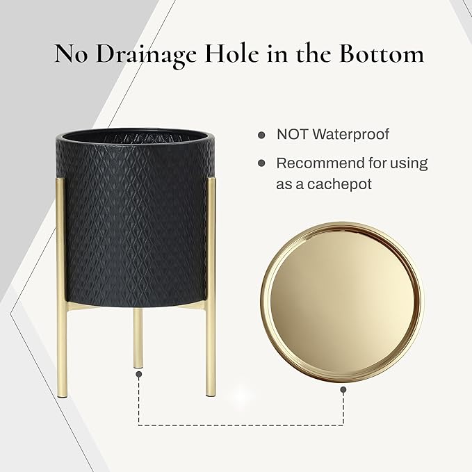 LuxenHome 2-Piece Diamond Pattern Round Metal Cachepot Planter Set, Black Planter with Gold Stands Set of 2 Indoor Plant Pots Large Floor Plant Pot for Plants, NOT Waterproof
