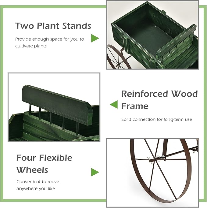 Giantex Small Wagon Planters for Outdoor Plants, Decorative Garden Bed with Metal Wheels, Wood Raised Beds Plant Pot Stand for Backyard Garden Patio 24.5"x13.5"x24" (Green)
