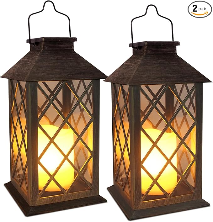 SHYMERY Solar Lanterns, Hanging Outdoor Lantern with Lasts 2X Longer LED Flickering Flameless Candles, Waterproof Outdoor Garden Lanterns Decorative for Patio, Porch,Deck, Yard, Table Decor 2 Pack
