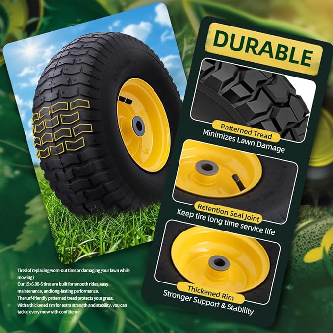 15x6.00-6nhs Lawn Mower Tires (2 Pack),Replacement Riding Lawn Mower Front Tires - With 3" Centered Hub and 3/4" Bushings,Extra 5/8" Bushings(Yellow)