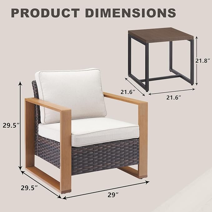 Rilyson 3 Piece Wicker Patio Furniture Set,Patio Bistro Set with 2 Rattan Armrest Chairs and 1 Side Table,Sturdy Frame,All-Weather PE Wicker,Wide Armrest,Deep Seating and Thick Cushions(Brown/Beige)