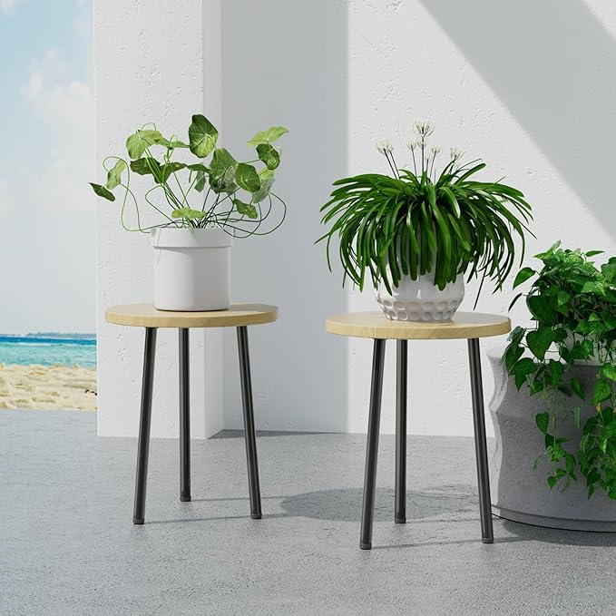 SAKSUN Plant Stand Indoor 14'': Indoor Plant Stand 2 Pack Metal Plant Table - Wood Plant Stool Outdoor Small Round Side End Table Mid Century Modern Decor - Home Decor