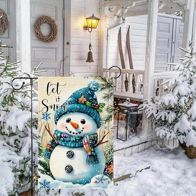 Snowman Garden Flag 12x18 Inch Double Sided Burlap Winter Let It Snow Outdoor Yard Flag Holiday Christmas Seasonal Welcome Banner for House Lawn Porch Small Decorations