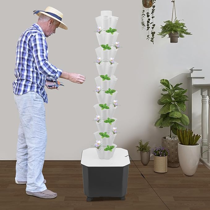 Hydroponic Growing System, 50-Plant Vegetable Planter Tower with Wheels, Outdoor Indoor Garden Vertical Planter Germination Kit with Water Pump, Intelligent Water Circulation & Timer Function