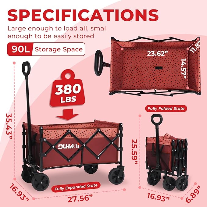 Collapsible Wagon Cart with Wheels Foldable,11 Lbs Lightweight Portable Folding Utility Wagon,90 L Heavy Duty Grocery Shopping Carts,Versatile for Garden Sports Camping Outdoor Use (Brick Dot)