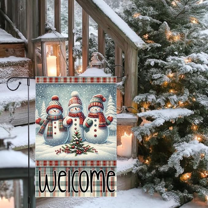 Welcome Snowman Garden Flag 12x18 Inch Double Sided Winter Christmas Burlap Yard Flag Holiday Outdoor Seasonal Decoration for House Lawn Porch Patio Home Decor