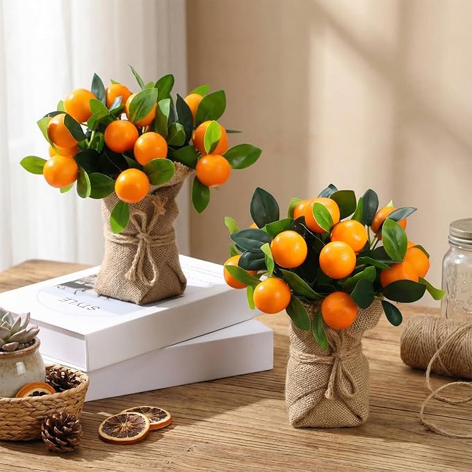 2 Pack Artificial Orange Potted Plants 9.45 Inches Fake Orange Tree Simulation Realistic Fruit Plant with Pot Faux Tree Indoor Decoration for Home Office Living Room Table Desk
