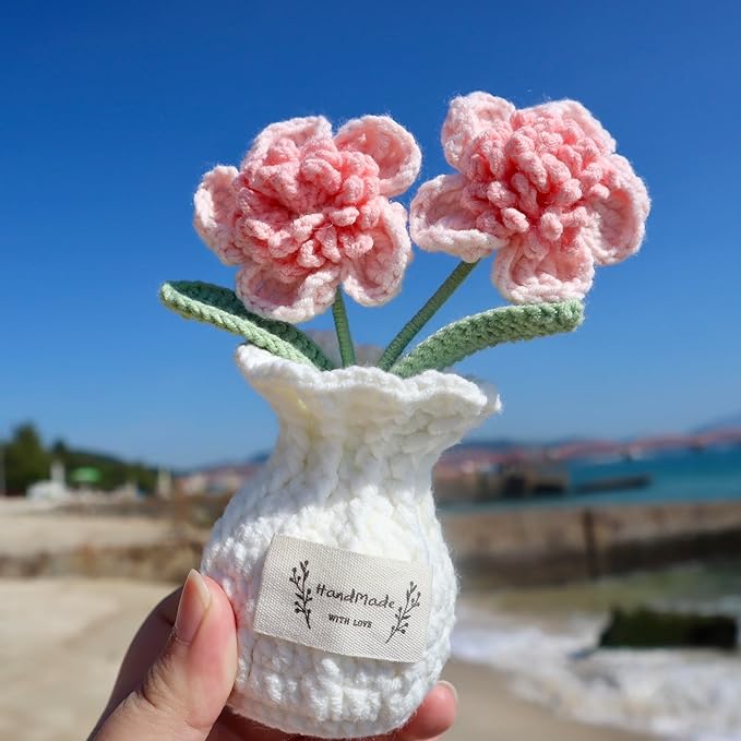 YOOJEE Crochet Paris Polyphylla Flower Pot Handmade Knitted Desk Decor Pink Potted Plant for Home Office