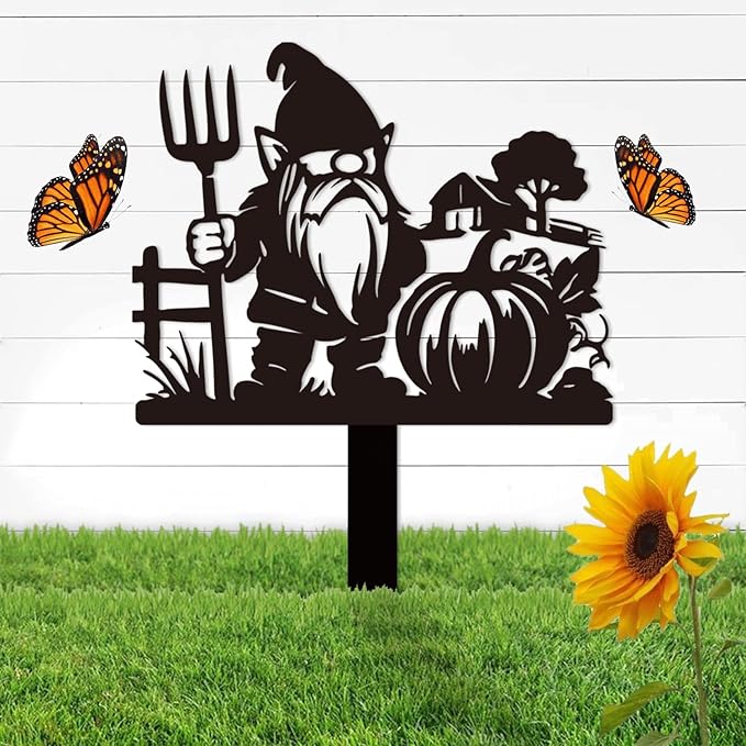 Magilab Personalized Iron Yard Stake - Christmas Cute Gnome Dwarves Decor, 8-Inch Black Metal Garden Sign for Outdoor (Style A)