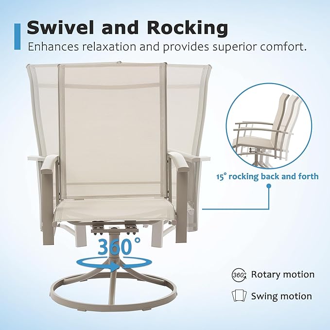Outdoor Swivel Dining Chair Set of 4, All Weather Patio Dining Chair with Textilene High Back and Metal Frame for Backyard, Lawn Garde and Deck, Beige Ivory