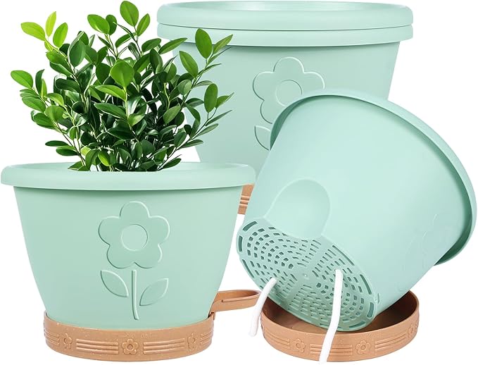 XMPBFYH Plant Pots, Flower Pots for Indoor/Outdoor Plants, Self Watering Plastic Planters Pots with Drainage Holes, Saucer & Reservoir, Decorative Nursery Planting Pots(10 Inch Set of 4)