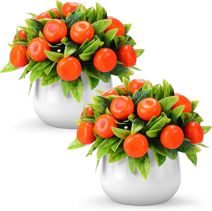 2 Pack Artificial Orange Potted Plants 7.09 Inches Fake Orange Tree Simulation Realistic Fruit Plant with Pot Faux Tree Indoor Decoration for Home Office Living Room Table Desk