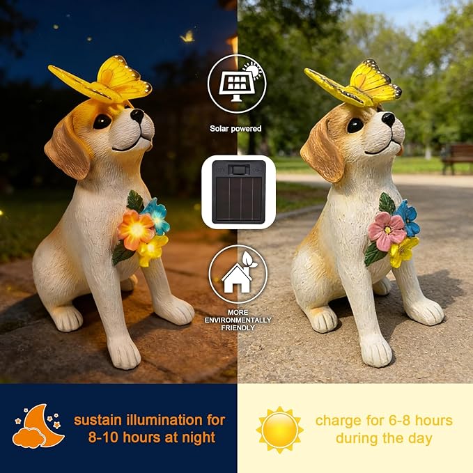 Solar Dog Garden Statues Decor, Outdoor Fairy Dogs Figurines Accessories Decorations with LED Lights Home Patio Balcony Yard Lawn Ornaments, Unique Thanksgiving for Women Dad Friends