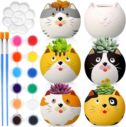 Pasimy 6 Set Ceramics to Paint DIY Ceramic Succulent Planter Pots Paint Your Own Flower Pots Craft Kit Unpainted Bisque Flowerpot with Brush Palette for Family Activity Holiday Gifts(Cat)